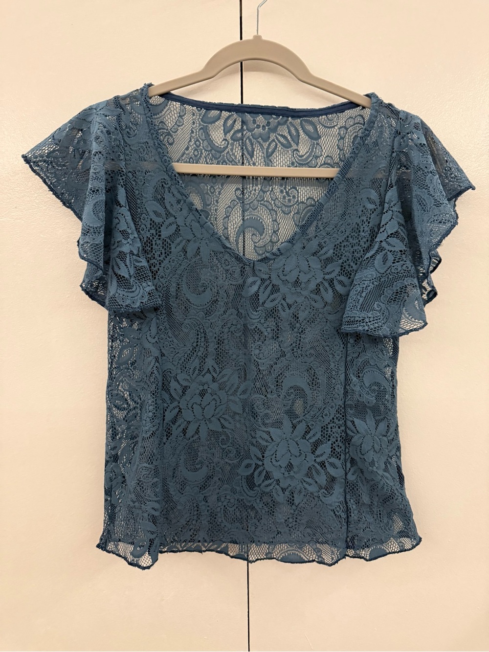 Sheer Slate Blue Floral Lace Flutter Sleeve Top